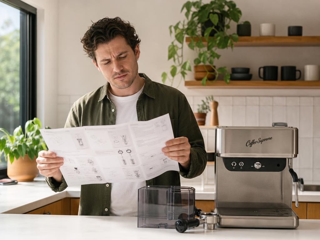 A person standing in a modern kitchen trying to follow a paper manual while setting up an espresso machine
