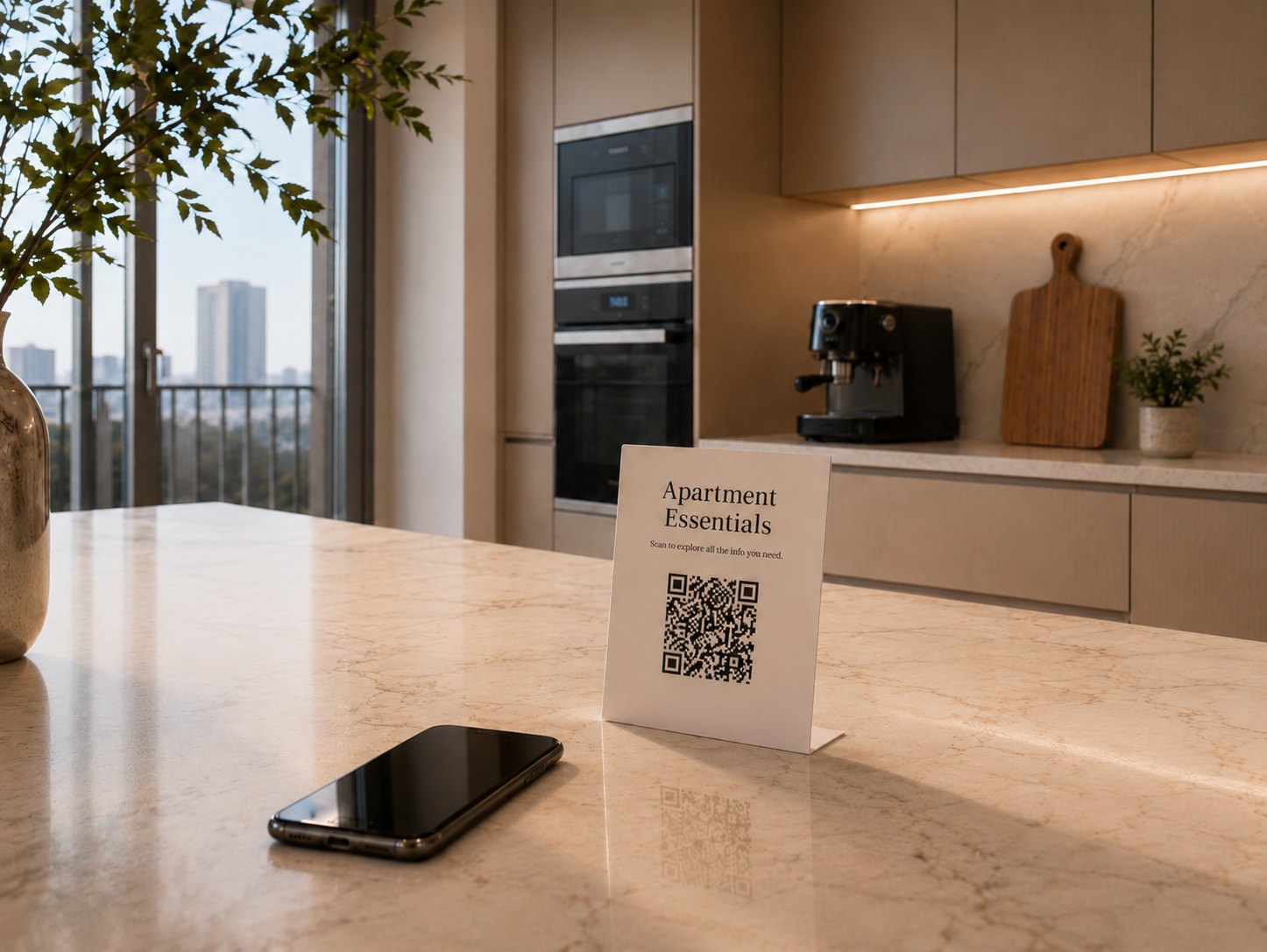 Printed QR code card beside a phone on a counter