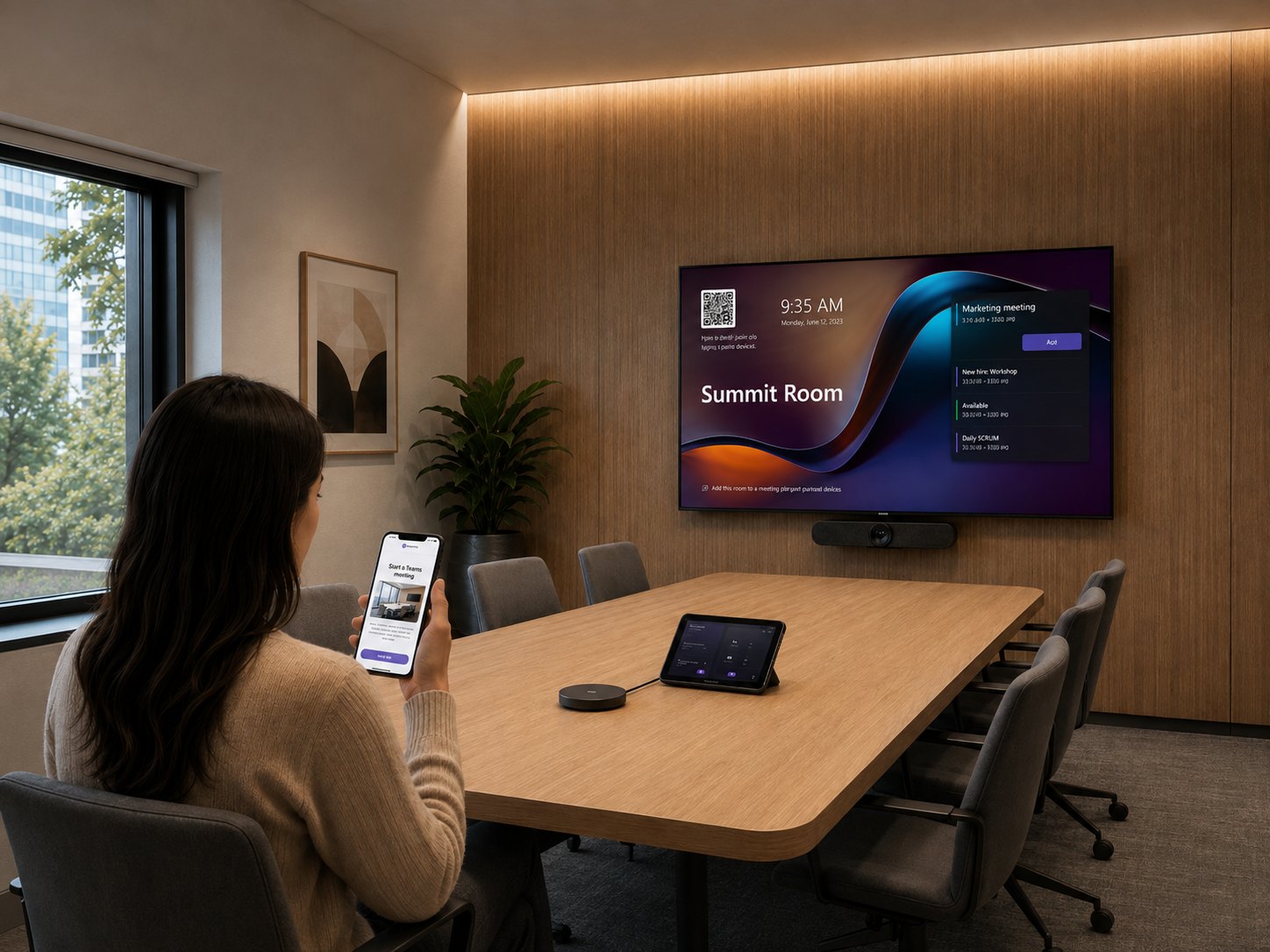 Person in a modern conference room following a step-by-step tutorial on her phone beside a Summit Room Teams display