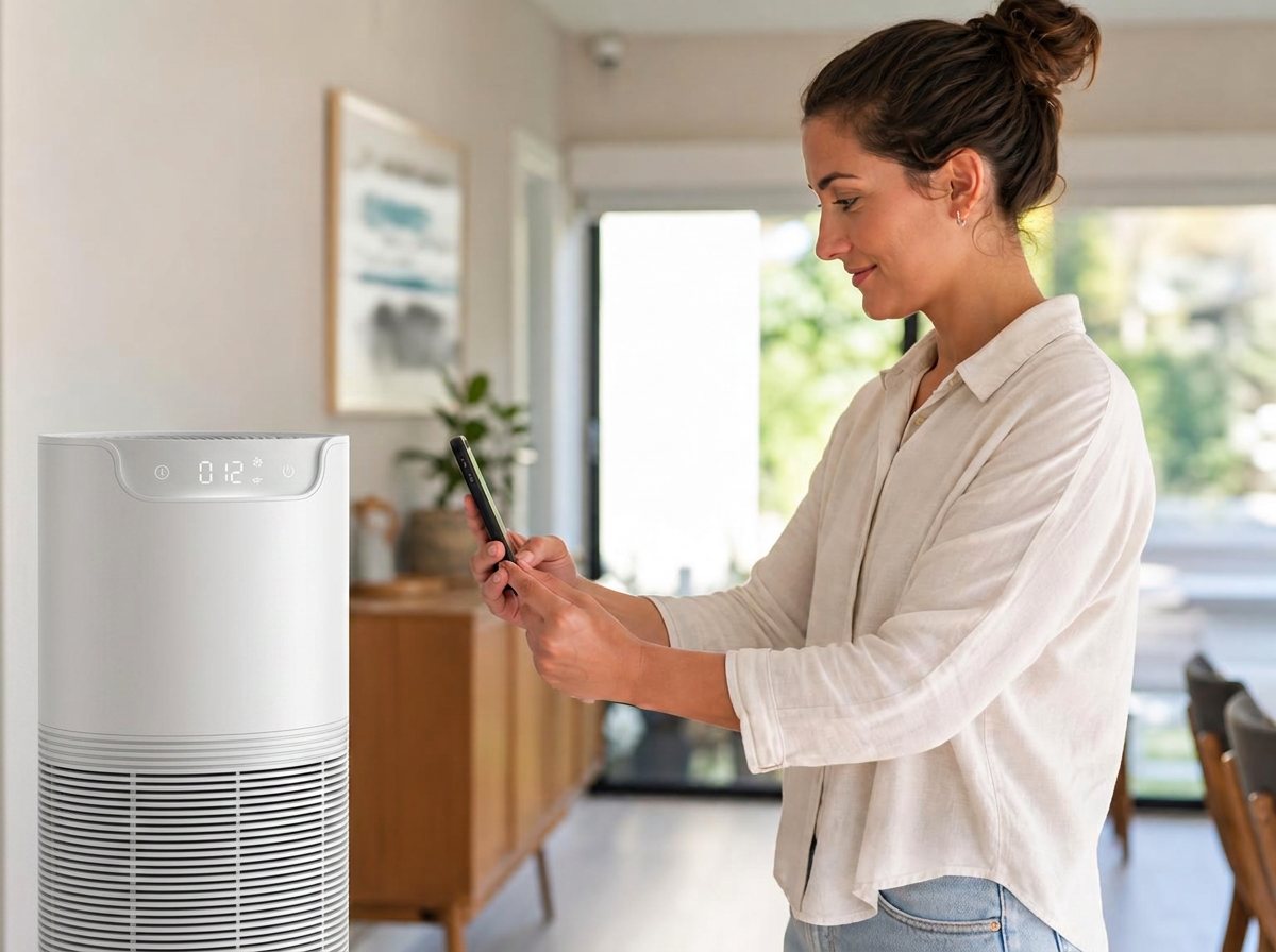 A person scanning a QR code on a modern appliance with their phone in a bright home