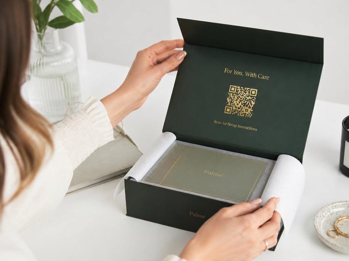 A person lifting the lid on a premium product box printed with a gold QR code and the words Scan for Setup Instructions
