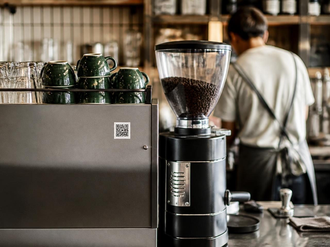 Staff member working behind a cafe counter beside an espresso machine with a QR code sticker
