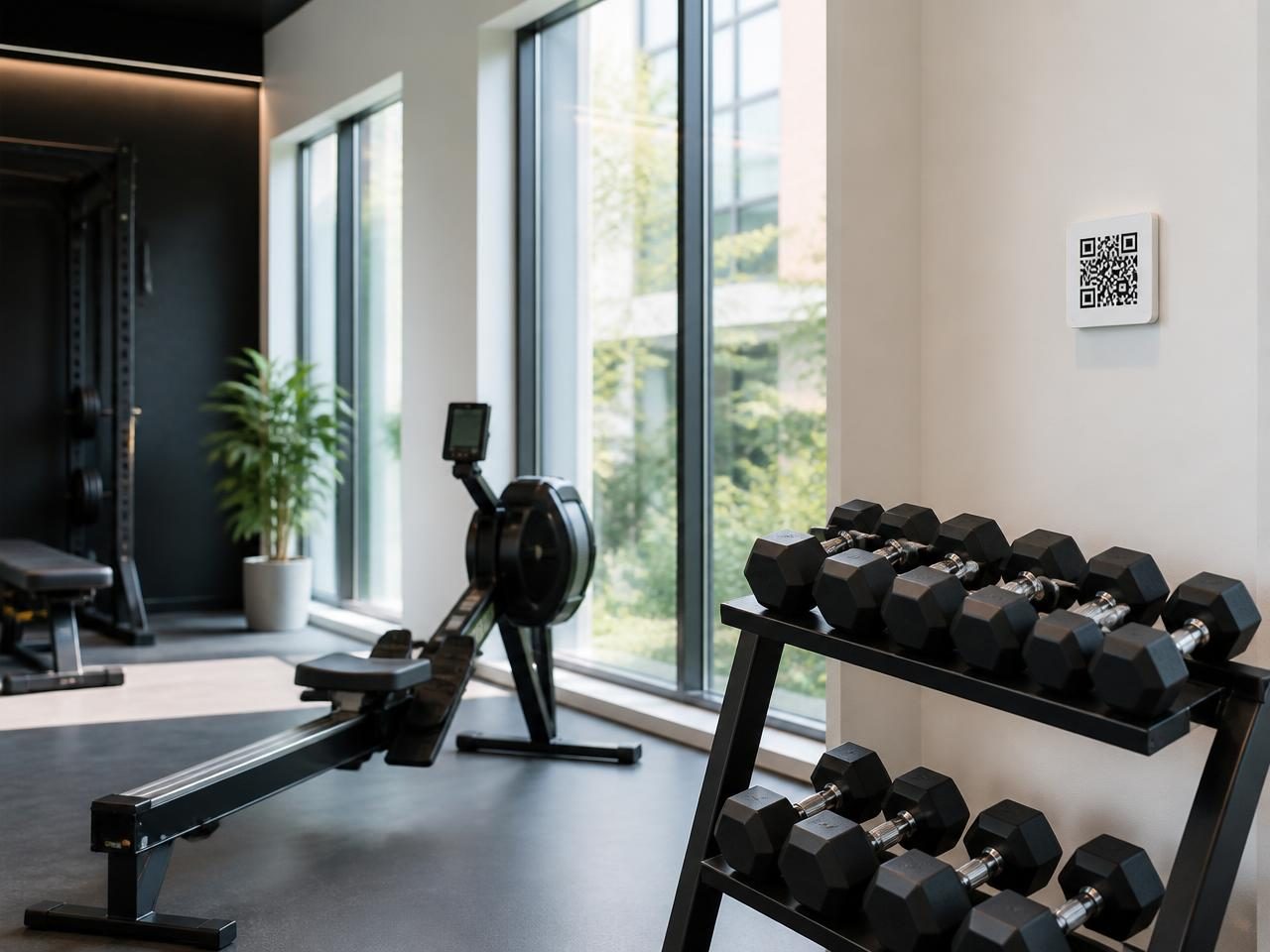 Fitness studio equipment area with a QR code plate mounted on the wall