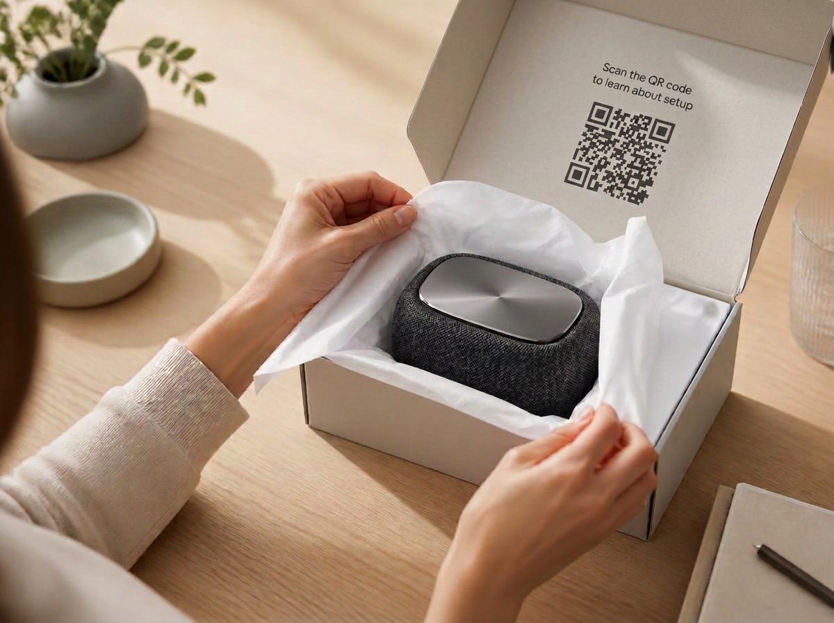 Customer unboxing a product and finding a QR code card that opens the setup tutorial