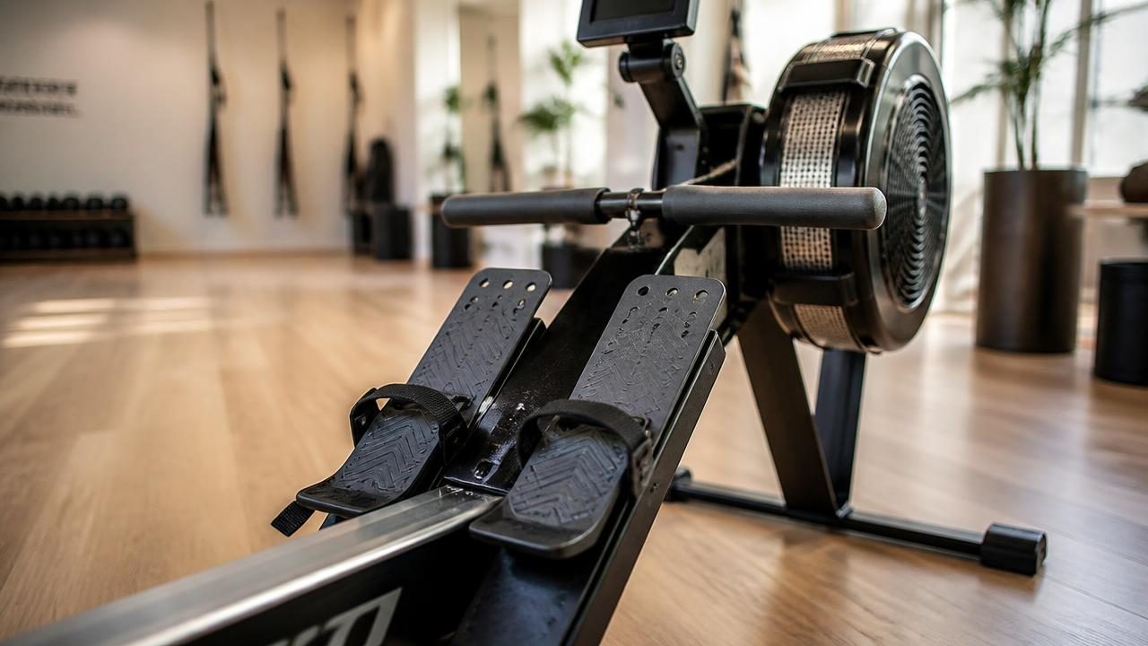 Indoor rowing machine footplates in a boutique gym studio