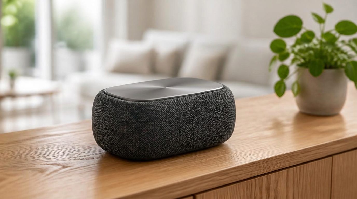 Mod Sound smart speaker on a wooden console table